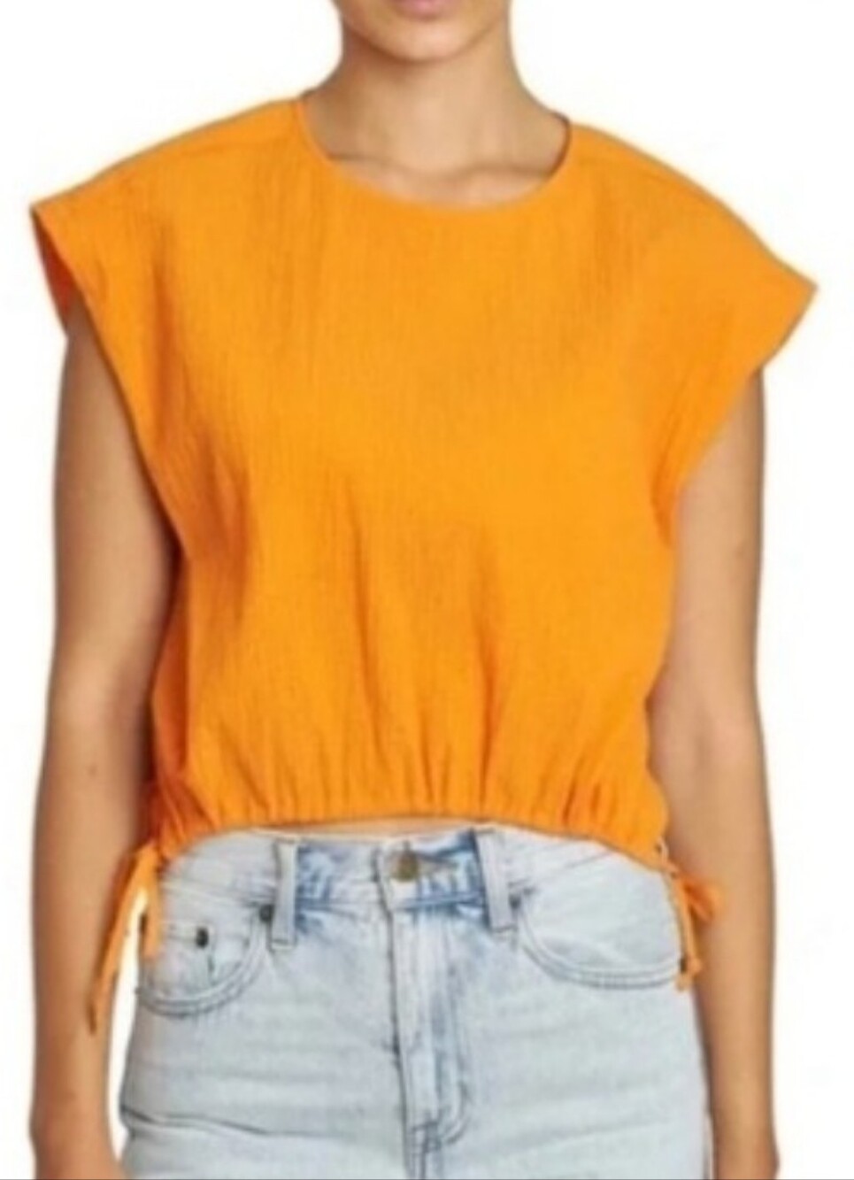 Pistola Adriana Bright Orange Drawstring Hem Crop Top Cap Sleeve Size Medium